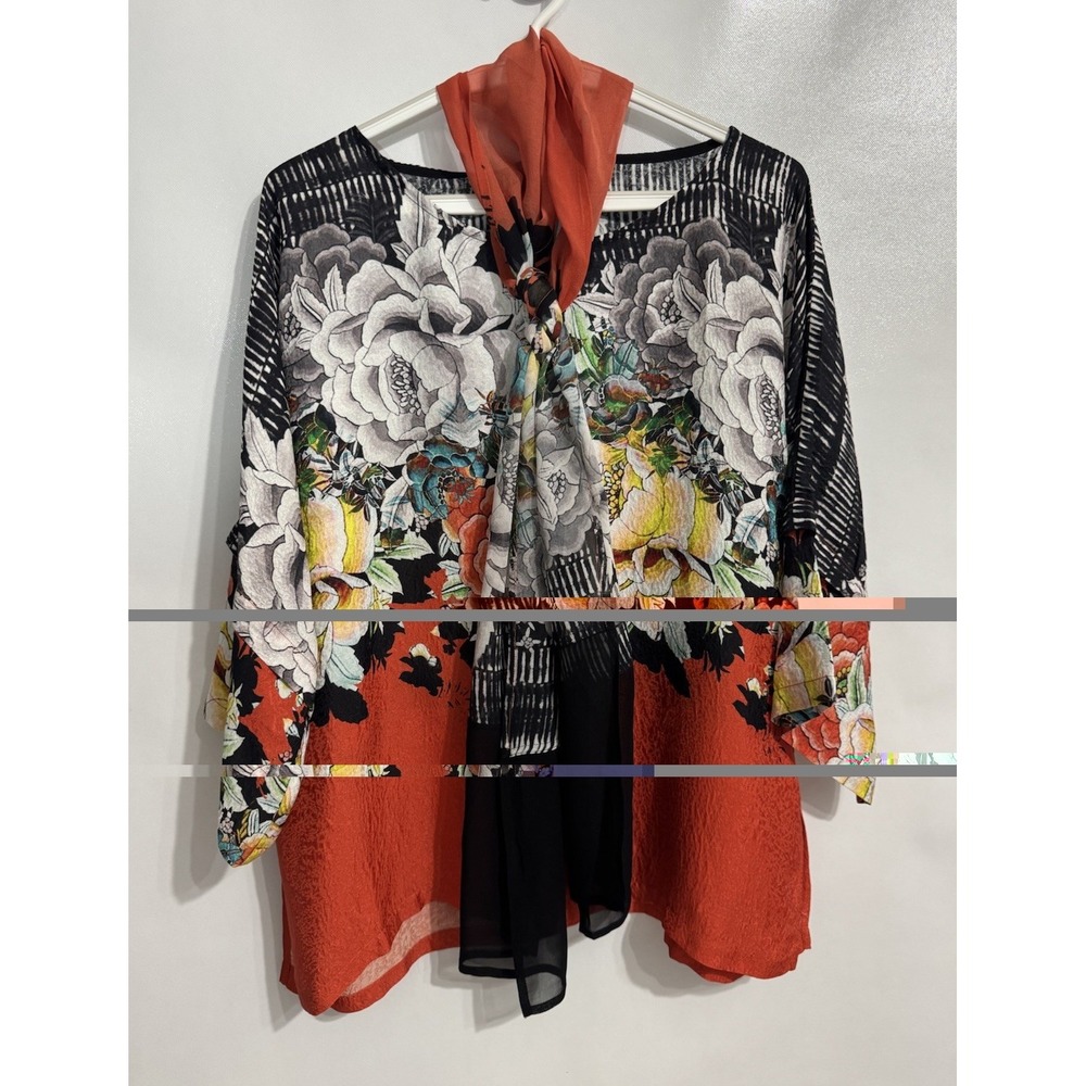 Dressori Large Womens Silk Tunic Top Scarf Blouse Multicolor 3/4 Sleeve Asian